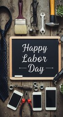Flat lay of construction blue collar handy tools and white collar's accessories over wooden background, Happy Labor day on black chalkboard, wallpaper, Happy Labor day background	
