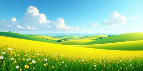 Serene Rolling Hills of Yellow and Green, a Pastoral Landscape Under a Bright Blue Sky Adorned with Puffy White Clouds