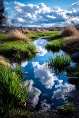 Cloudy sky reflected in a stream