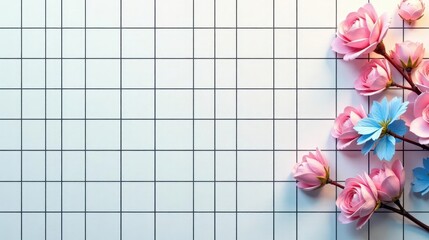 Pastel Pink and Blue Flowers on a Gridded Surface A Delicate Floral Arrangement