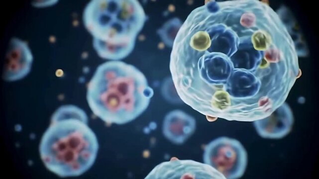 Detailed microscopic view of various cells, showcasing their complex structures and different components.