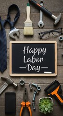 Happy Labor day on black chalkboard, wallpaper, Happy Labor day background, Flat lay of construction blue collar handy tools and white collar's accessories over wooden background	
