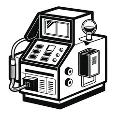 Monochrome Illustration of a Complex Industrial Machine with Gauges, Buttons, and Screen Displays for Scientific or Engineering Purposes