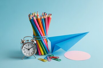 Back to school themed still life with colorful pencils a paper airplane and a clock signifying the importance of time management and learning