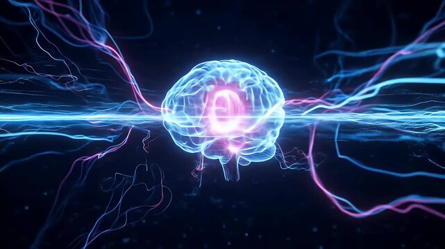 Immersive AI visual of a digital brain glowing with data signals in a virtual simulation environment