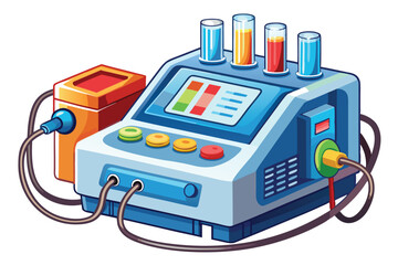 Stylized Cartoon Illustration of a Blood Analyzer Device with Colorful Samples and Wires