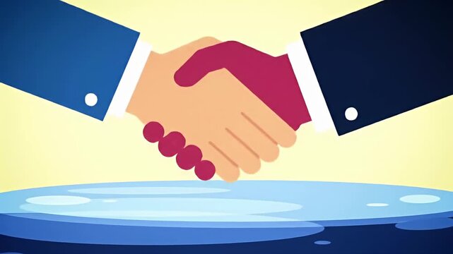 Cartoon-style handshake with colored suits, over a blue surface