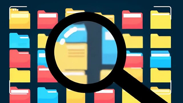 Magnifying glass highlights a blue file folder among colorful icons