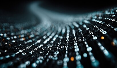 Abstract Data Flow with Binary Code Dots in Perspective, Gradient Dark Background Visualizing Digital Information Movement and Technological Innovation