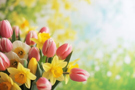 Beautiful spring floral arrangement featuring pink tulips and yellow daffodils creating a cheerful and vibrant atmosphere ideal for springtime designs