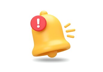 3D illustration of a yellow notification bell icon with a red circular alert badge containing a white exclamation mark