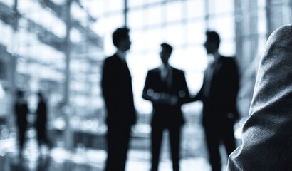 Blurry Black and White Business Handshake: Mobile Photography Style Office Interaction with Figures Gesturing in Background