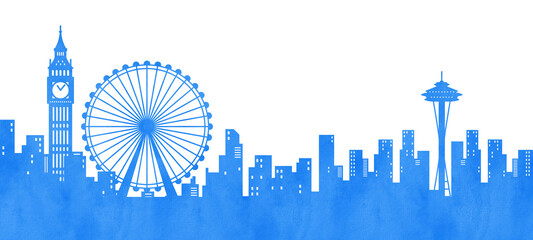 Watercolor London city skyline silhouette isolated on transparent background