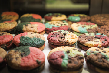 Colorful cookies baked in a pastry shop display case