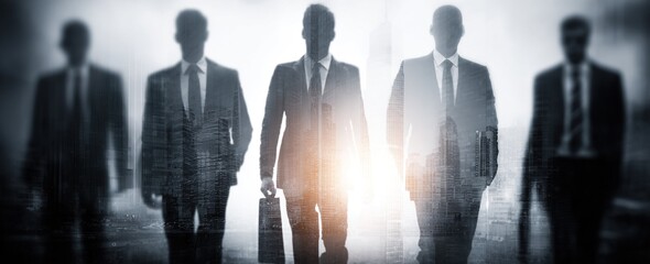 Silhouetted Team of Five Businessmen with Backlight, Fog Effect for Corporate Mystery, Professional Attire with Briefcases in Moody Gray Tone


