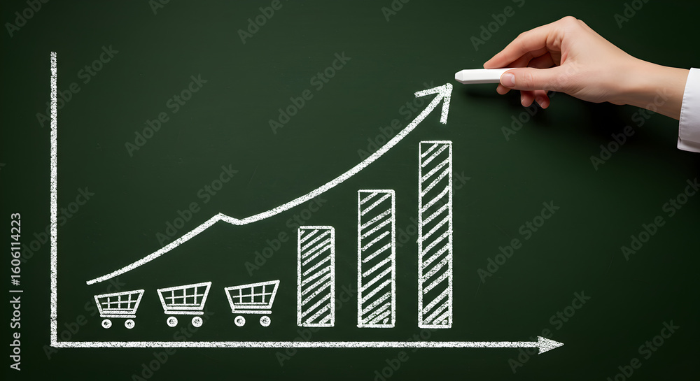 Poster hand drawing chalk chart with shopping carts on dark green chalkboard showing bar graph and upward a