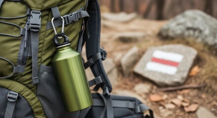 Green Water Bottle Clipped to Hiking Backpack on Trail