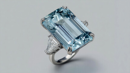 Exquisite 18-carat emerald-cut aquamarine ring embellished with trapezoid-cut diamonds in a serene jewelry atelier 