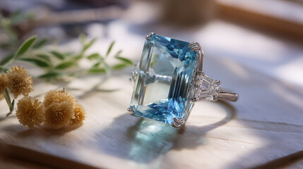 Exquisite 18-carat emerald-cut aquamarine ring embellished with trapezoid-cut diamonds in a serene jewelry atelier 