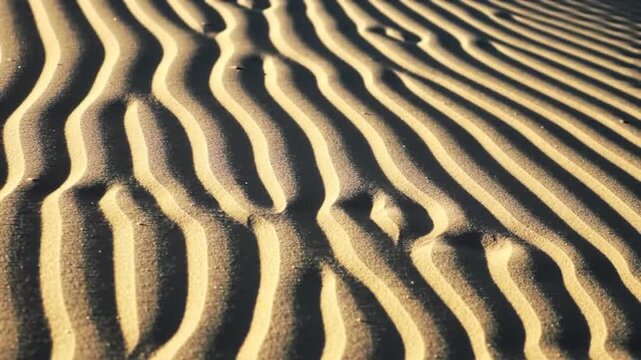 Sand dune ripples create a textured surface, illuminated by warm light with dark shadows