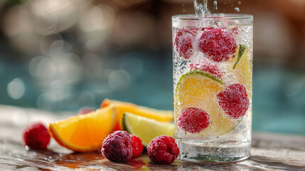 Collagen infused sparkling water with berries, citrus slices offers refreshing, low-calorie hydration for skin health. Fizzy drink with natural fruity flavors promotes wellness, vitality, making 