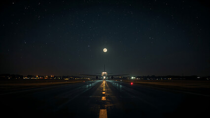 Airplane on Runway at Night Under a Starry Sky and Full Moon Ready for Takeoff