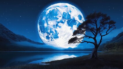 Naklejka premium Enchanted night scenery with a massive glowing moon and lone tree beside calm lake, evoking a mystical tranquil atmosphere, space of nature beauty blended with fantasy and cosmic dreamlike emotions