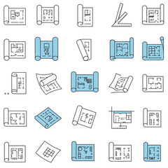 Fototapeta premium A comprehensive collection of vector icons depicting various architectural blueprints and building plans, perfect for design and construction projects.