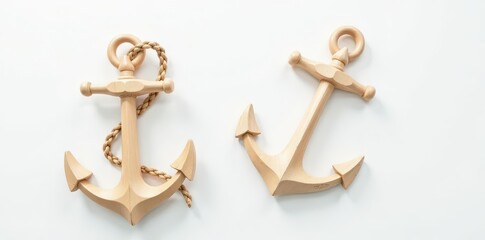 A Pair of Nautical Wooden Anchors with Rope on a White Background, Symbolizing Stability and Seafaring Adventures
