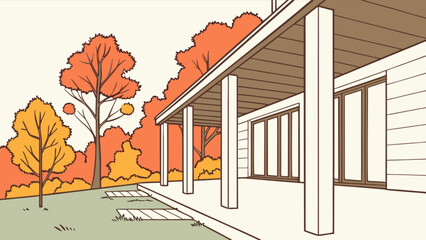 Illustration of modern house with autumn trees and patio for real estate and architectural design