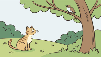 Cute cartoon cat watching bird on tree branch vector illustration for kids storybooks and educational resources