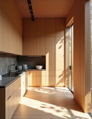 A modern kitchen with wood paneling and a large window creating sunlit shadows on the floor