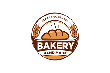 Bakery logo design, featuring a loaf of bread and wheat. Hand-made and delicious. Vector illustration rounded shape.