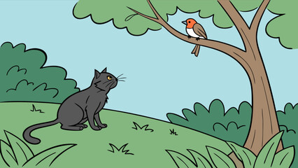 Cartoon illustration of a cat looking at a bird in a tree in nature drawing vector image