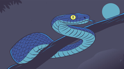 Blue snake illustration climbing on tree branch at night wildlife reptile cartoon animal drawing serpent vector