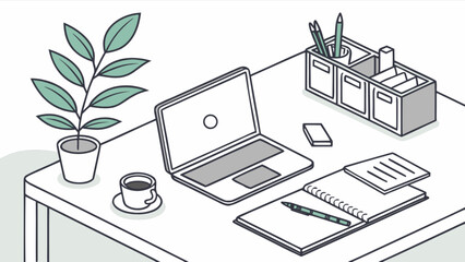Home office setup with laptop plant and coffee for remote work productivity and workspace organization ideas