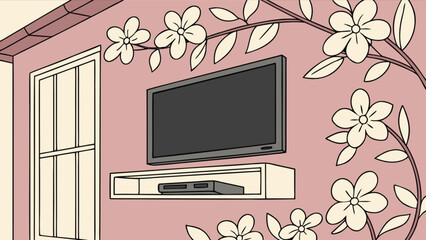 Modern living room interior design with tv wall mount and floral wallpaper home decor illustration