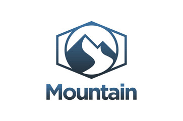 Mountain hill logo design. Hexagon shape with a peak icon. Vector illustration.