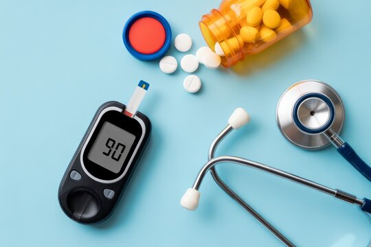 Diabetes Management and Health Monitoring with Glucometer Stethoscope and Medication for Optimal Wellness on Blue Background