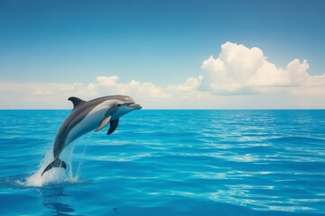 Dolphin Leaping Out of Turquoise Ocean Water Under a Clear Blue Sky with Fluffy White Clouds in Tropical Paradise