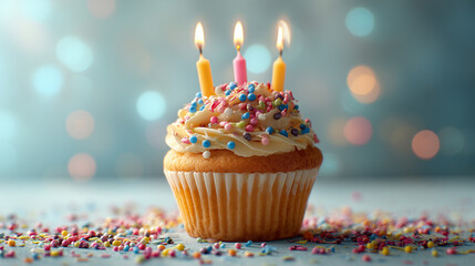 Delicious cupcake with three lit candles and colorful sprinkles a sweet birthday treat -