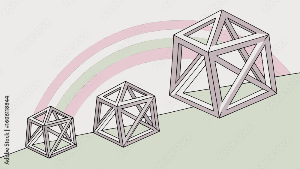 Poster isometric cube geometric shape design illustration with rainbow background visual art for designers