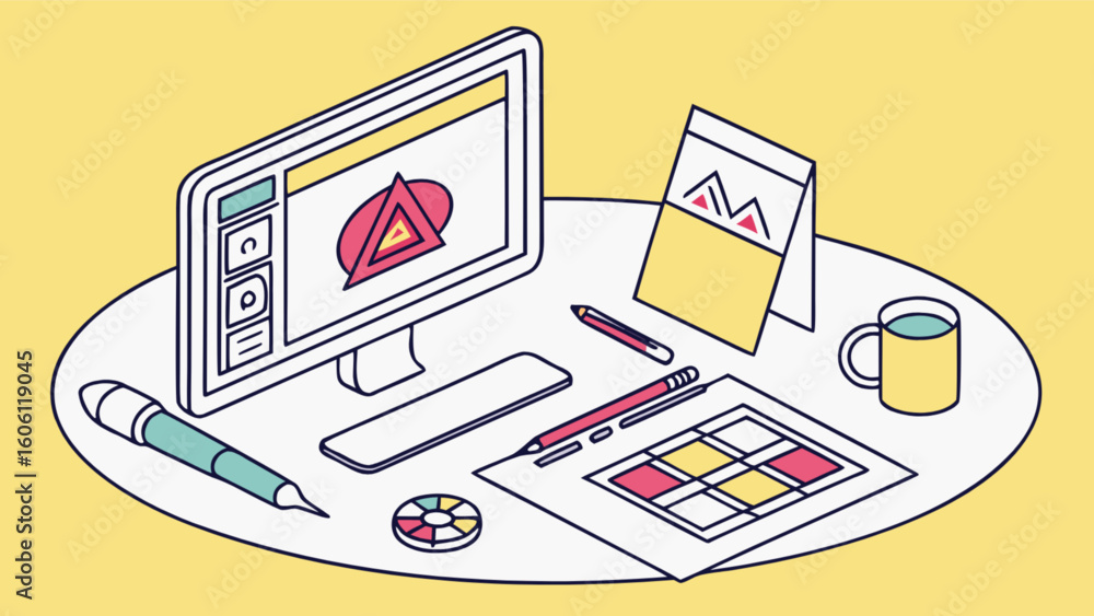 Poster graphic design workspace illustration with computer monitor and design tools on a yellow background