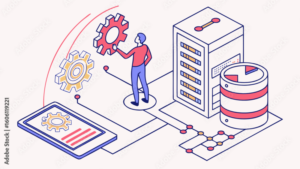 Poster isometric it infrastructure management server database network technology solutions concept