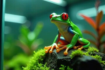 Vibrant Green Frog with Striking Red Eyes Perched on Mossy Rock in a Lush, Tropical Terrarium Environment