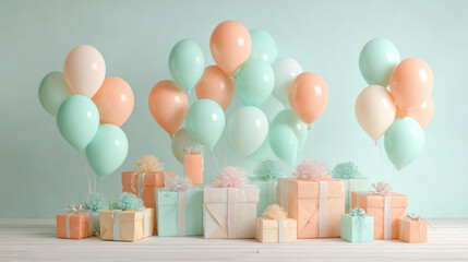 Soft pastel birthday celebration background with mint green and peach balloons and gifts -