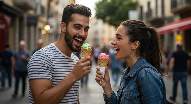 Couple enjoying ice cream cones on a sunny city street filled with tourists and shops