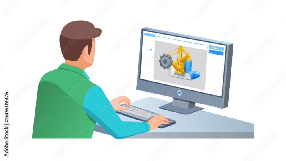 Poster engineer working on cad software for machine design and 3d modeling on computer screen at desk