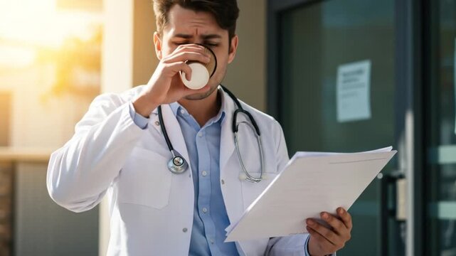 Professional doctor in white coat sips coffee while reviewing documents outdoors during a busy day, hot doctor