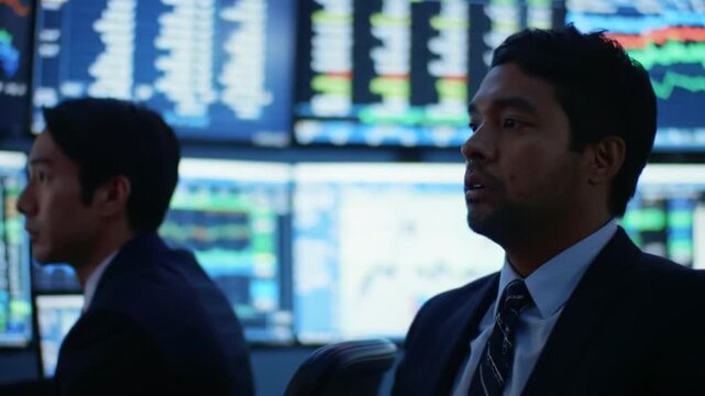 Two diverse financial analysts in a modern control room, intently monitoring real-time market data for strategic investment analysis - Powered by Adobe